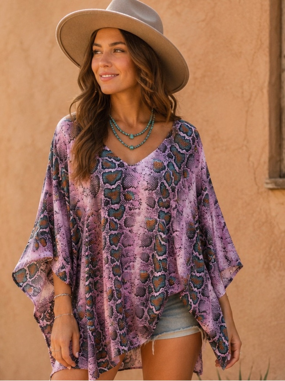 BuddyLove North Poncho Tunic Top M/L Pink Teal Snake Print Boho Oversized